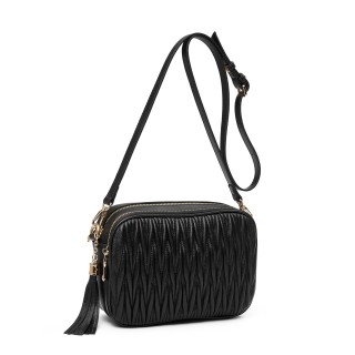 Women's Black Quilted Double Zipper Shoulder Bag